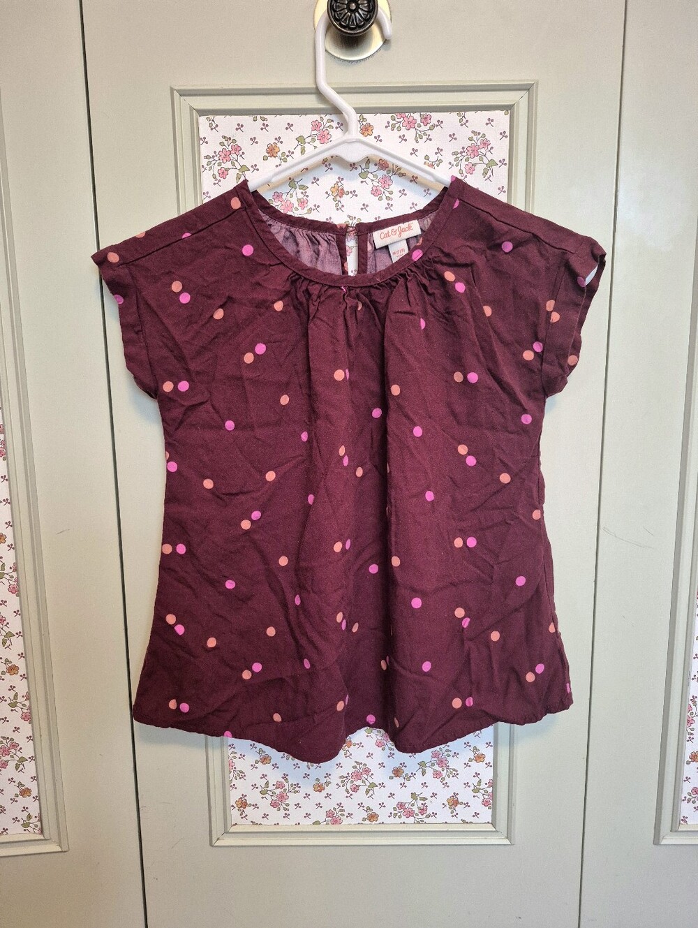 Cat & Jack Burgundy Dot Cap-Sleeve Top Girl's Size M 7/8